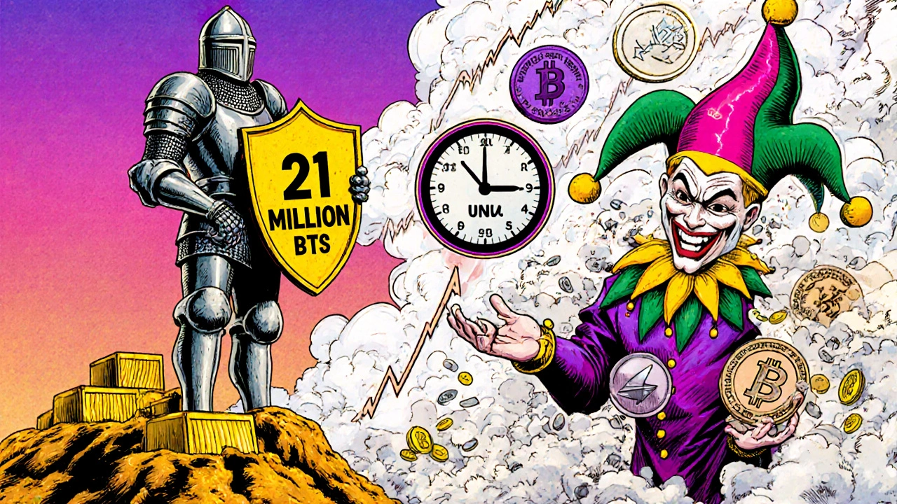 Ein Ritter mit festem Bitcoin-Angebot neben einem wilden Jongleur, der inflationsbasierte Tokens wirft, umgeben von vesting-Schleifen.