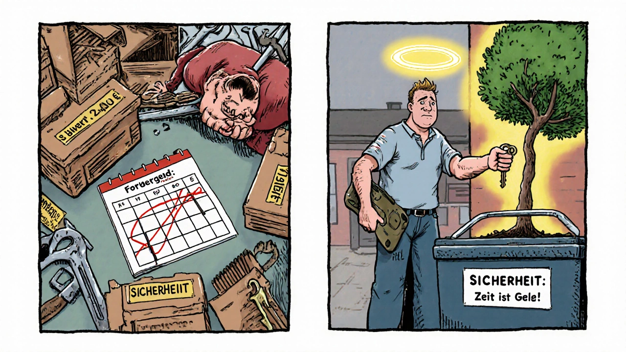 Ein vergleichender Szenenwechsel: links erschöpfter Heimwerker mit ungenutzten Werkzeugen, rechts zufriedener Hausbesitzer mit professioneller Förderung und Sicherheits-Halo.