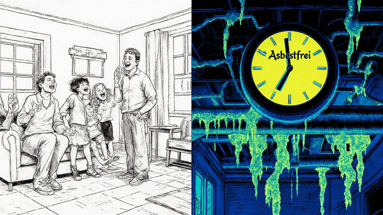 Ein Wohnzimmer im X-Ray-Stil: unsichtbare Asbestfasern durchziehen Wände, Boden und Decke wie leuchtendes Gewebe.