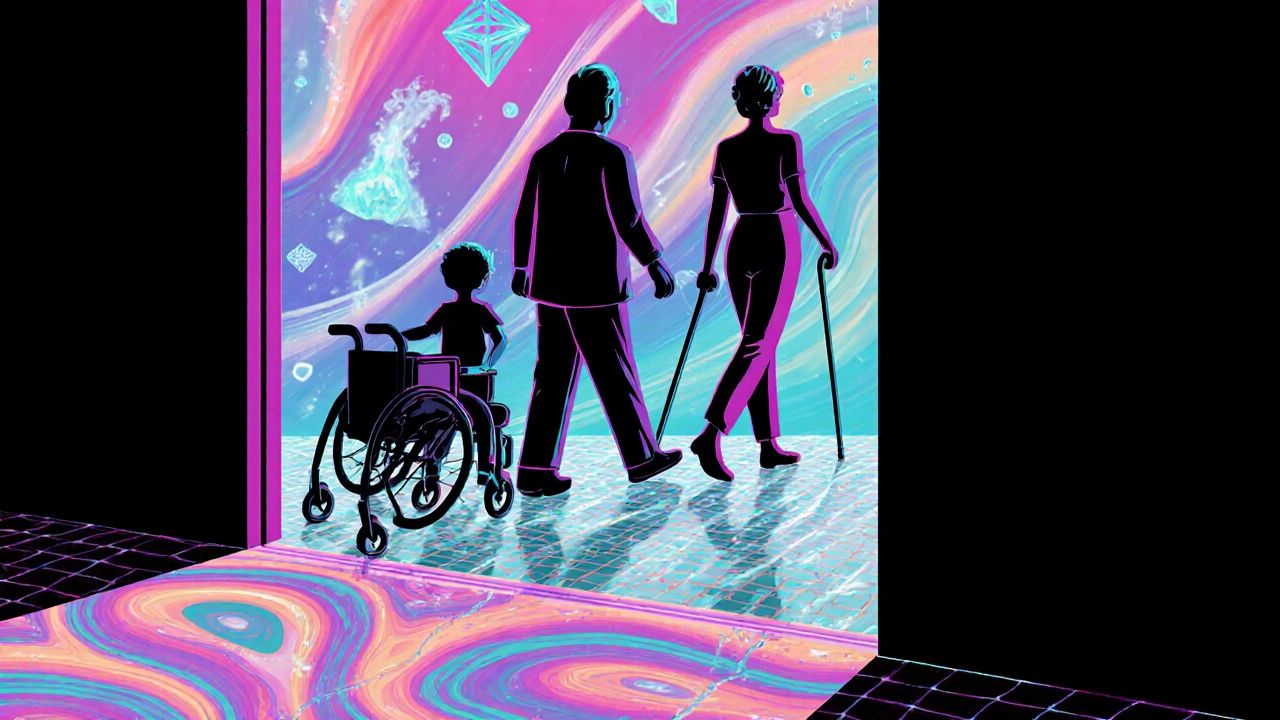 Eine Familie mit Kinderwagen, Gehstock und Rollstuhl überquert gemeinsam einen bodengleichen Übergang.