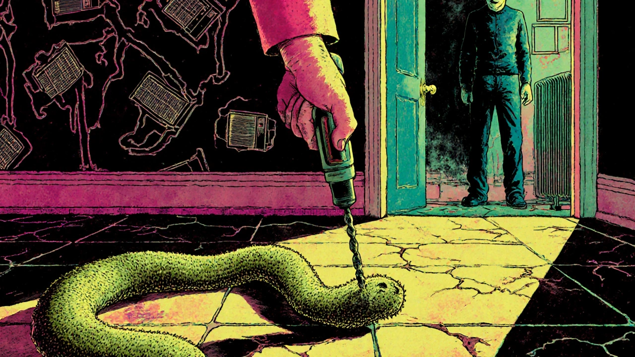 Eine Hand bohrt in einer Wand, während Asbestfasern sich als schlangenartige Strukturen aus dem Bodenbelag winden.