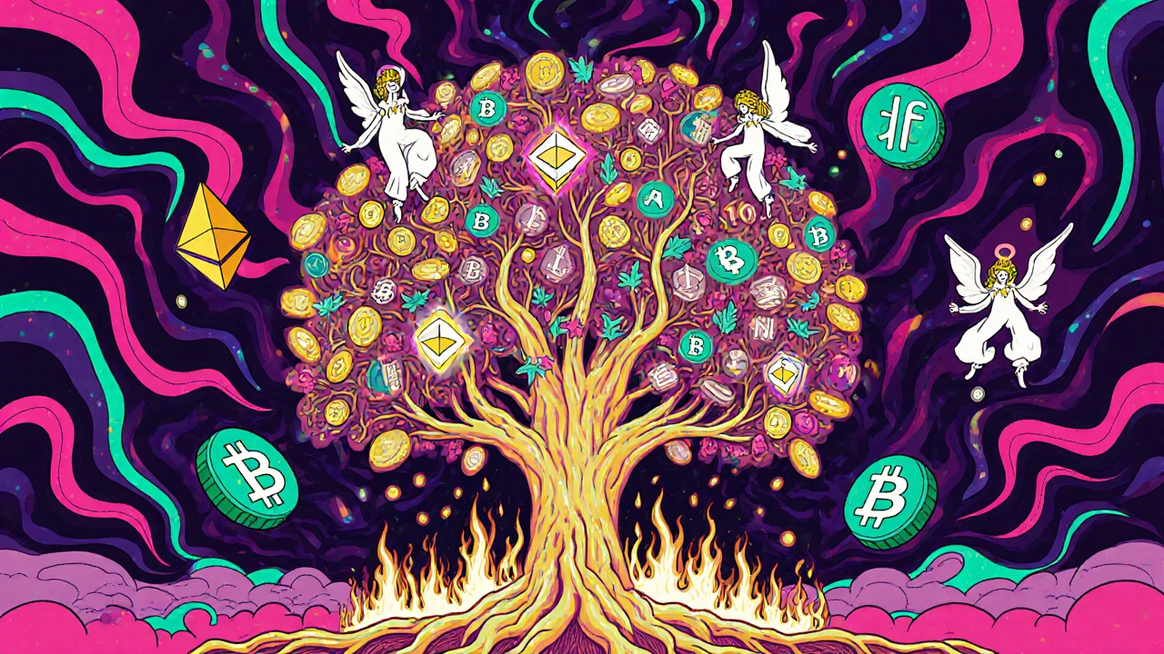 Ethereum als lebendiger Baum mit Transaktionswurzeln, verbrennenden Flammen und Staking-Engeln auf den Ästen.