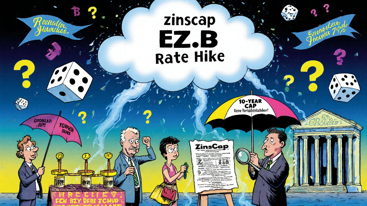 Menschen wählen Zinscap-Umbrellas auf einem Markt unter einem Zinserhöhungs-Regenwolken.