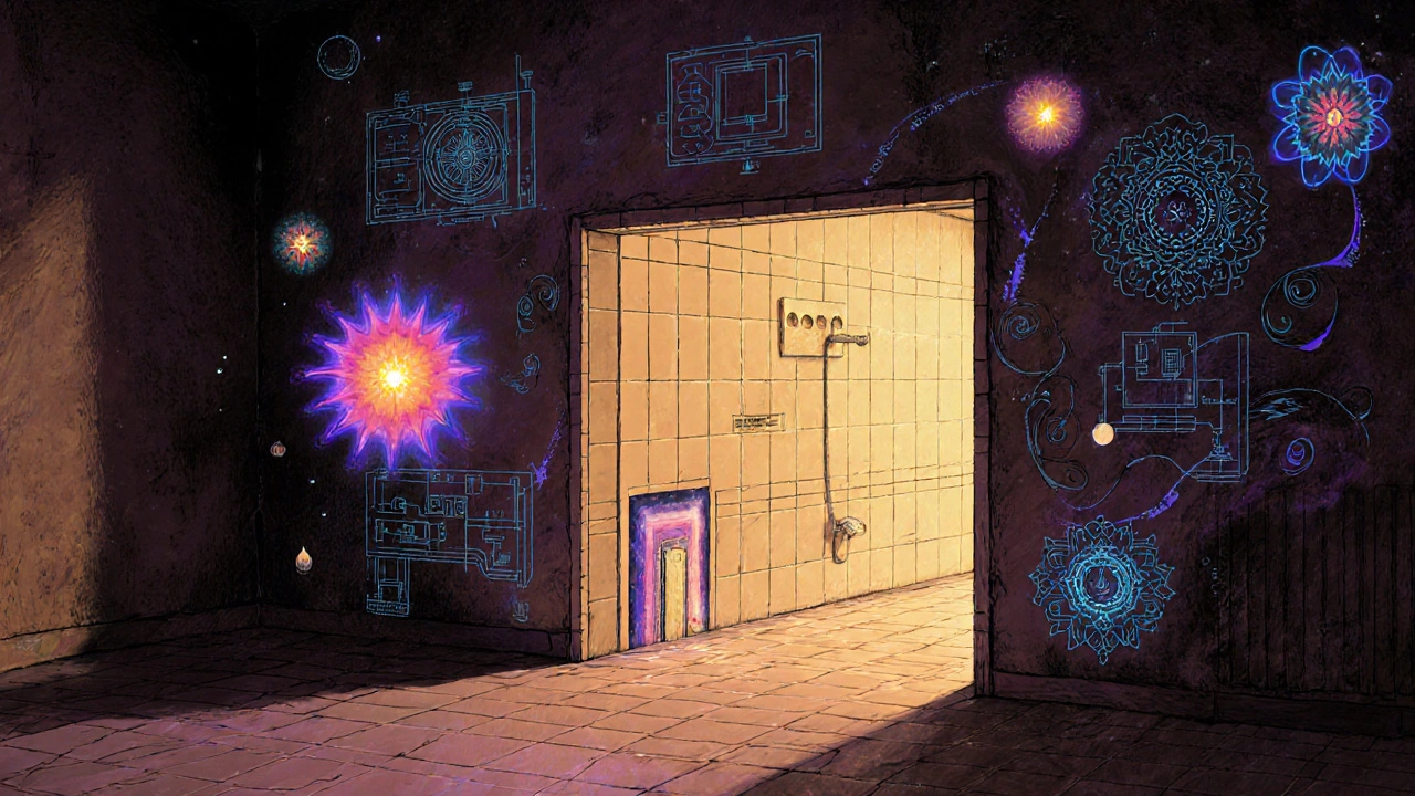 Querschnitt eines bodengleichen Badübergangs mit verborgenen Abdichtungsschichten und wärmenden Entwässerungssystemen.