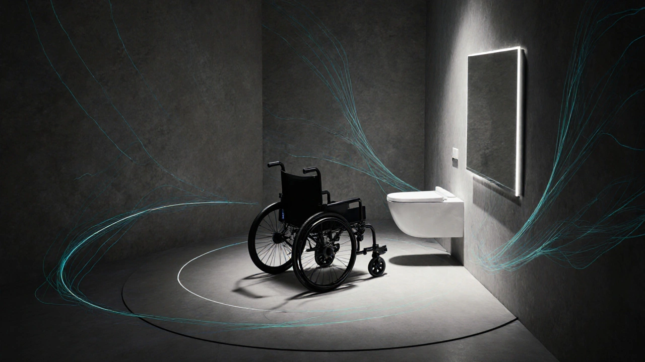 Rollstuhlnutzer dreht sich frei in einem barrierefreien Bad mit höhenverstellbarem Waschbecken und LED-Beleuchtung.