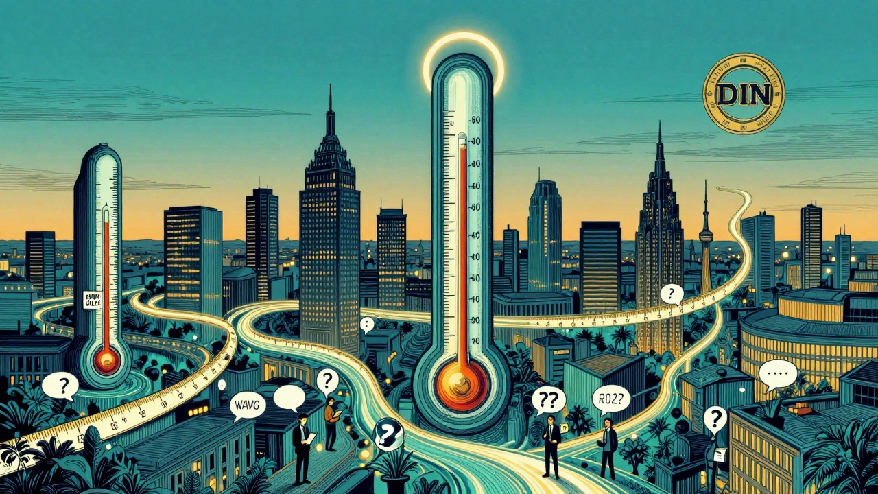 Stadtsilhouette aus Messgeräten mit fließenden Echtzeitdaten und einem DIN-Norm-Siegel am Himmel.