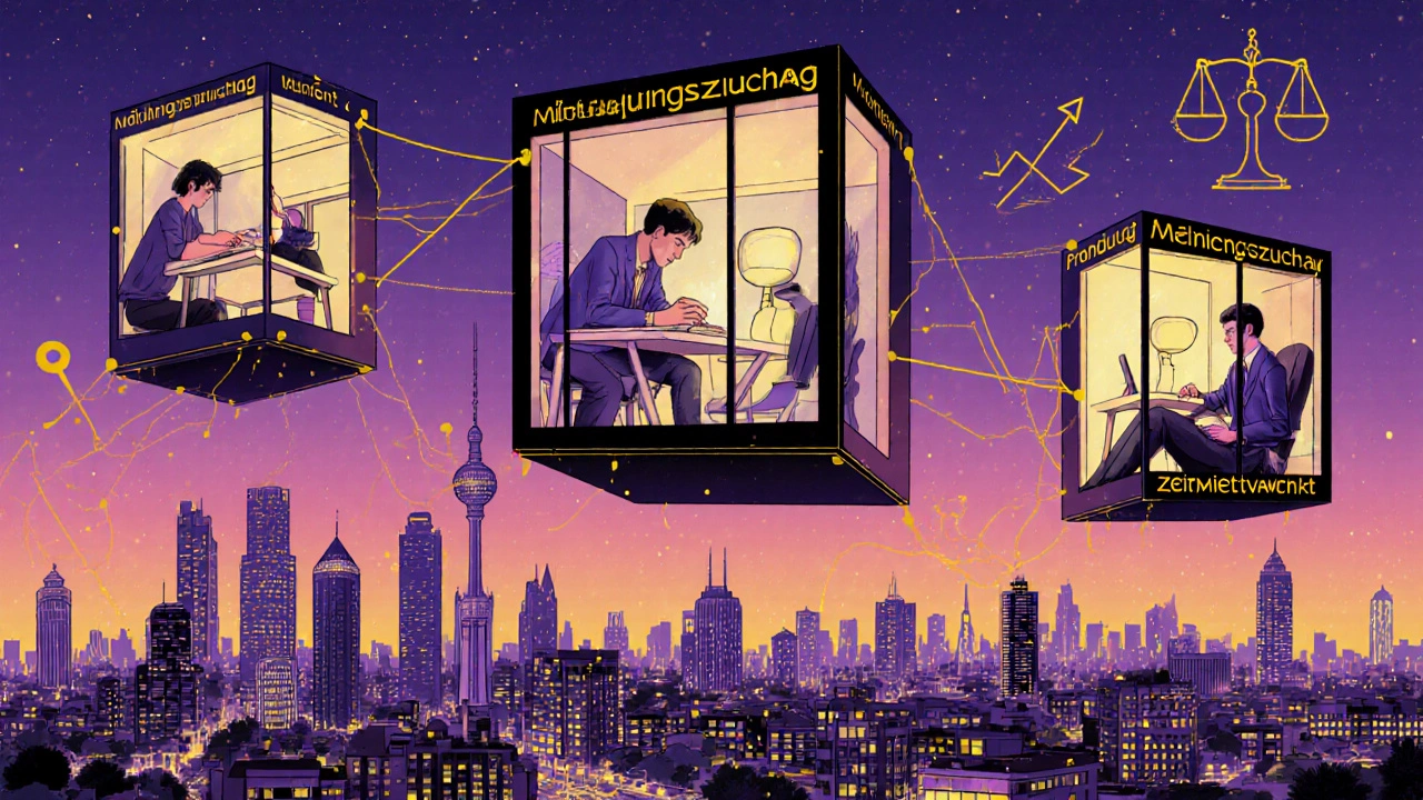 Stadtsilhouette mit leuchtenden Wohnungen und rechtlichen Symbolen, verknüpft durch goldene Linien im psychedelischen Stil.