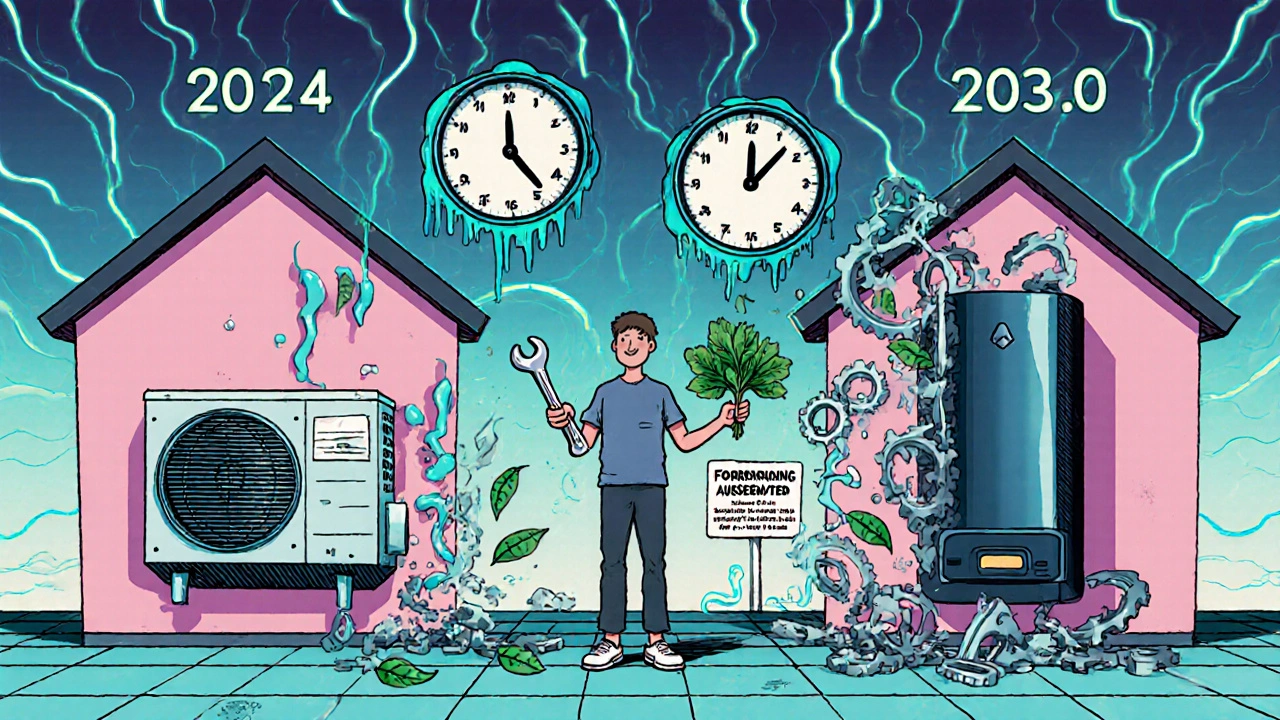 Transformation einer Hybridheizung von 2024 zu 2030: Gasheizung löst sich auf, während eine moderne Wärmepumpe erscheint.