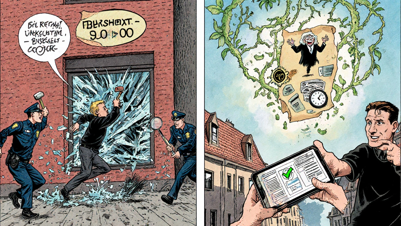 Vergleich: Chaos ohne Genehmigung vs. geordnetes Verfahren mit digitalem Antrag und genehmigtem Zeitrahmen.