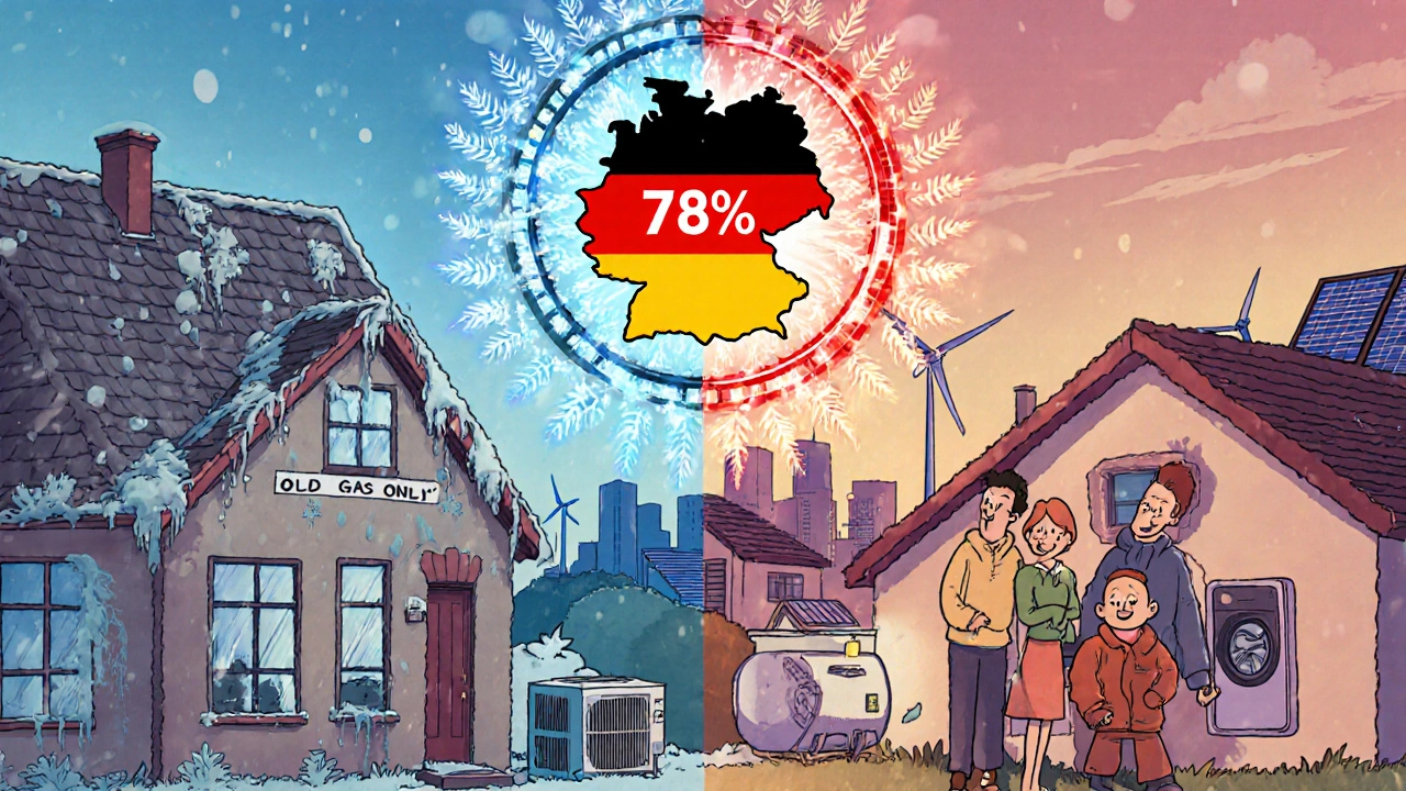 Vergleich zweier Heizsysteme: alte Gasheizung mit Kälte vs. Hybridheizung mit Wärme und 65%-Erneuerbare-Energie-Anzeige.