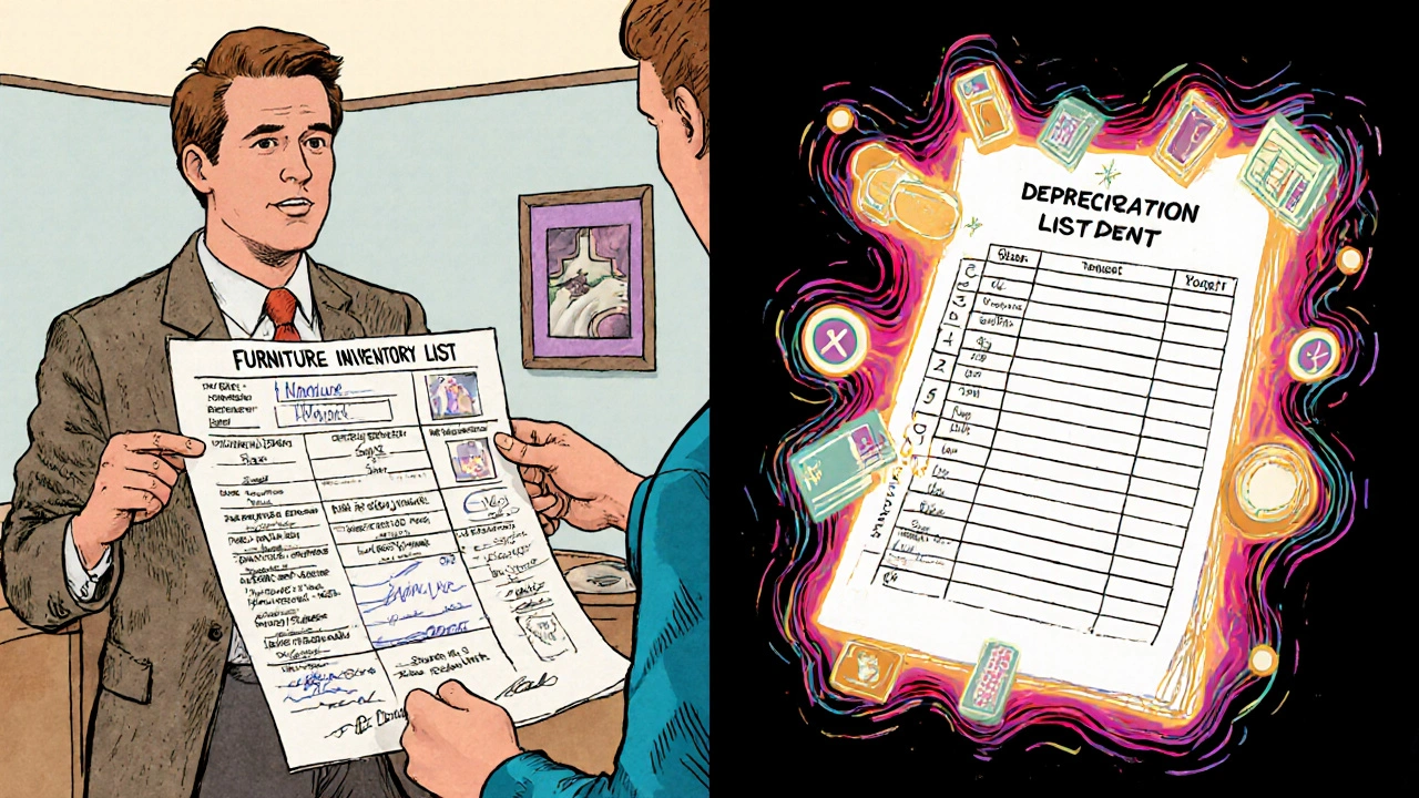 Vermieter übergibt detaillierte Möbelliste mit Fotos und Steuerdiagrammen, illustrativ im Rick-Griffin-Stil.