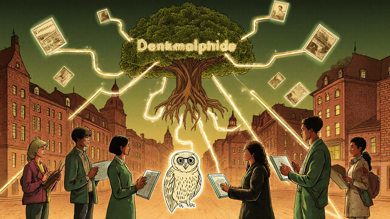 Zukünftige digitale Zusammenarbeit zwischen Bürgern und Denkmalbehörde in einer symbolischen, illustrativen Stadtlandschaft.