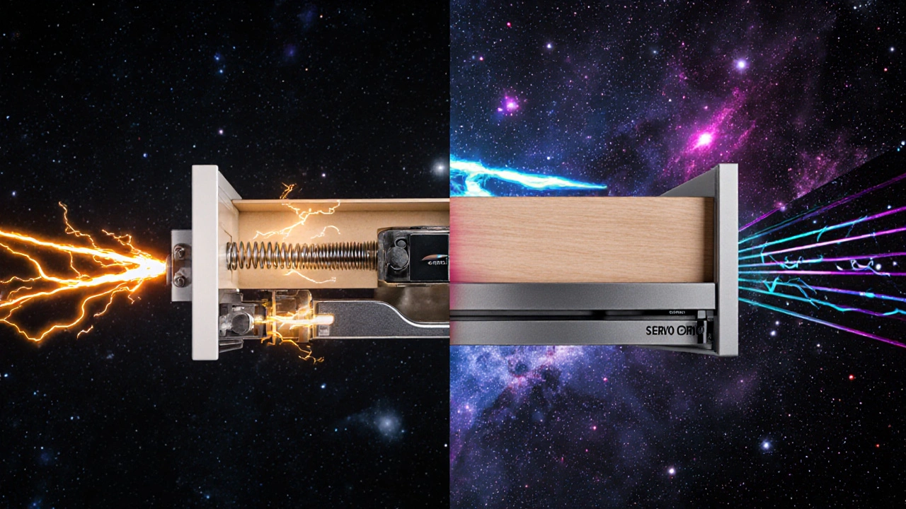 Zwei Küchenschubladen im Vergleich: eine mechanisch, eine elektrisch, beide öffnen sich mit visuellen Effekten von Magneten und Sensoren.