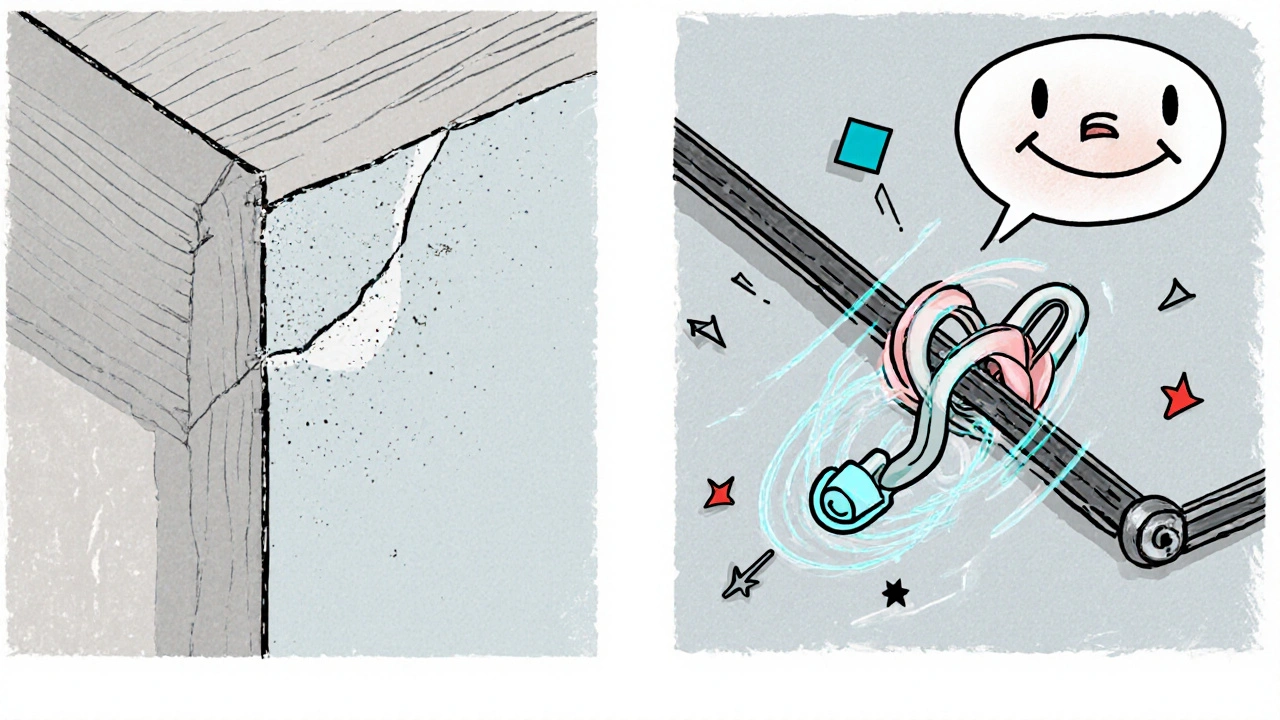 Zwei Methoden zur Sockelleistenmontage: links eine unsauber verlaufende Ecke, rechts ein automatisch anpassendes Eckstück mit klarem Einrasten.