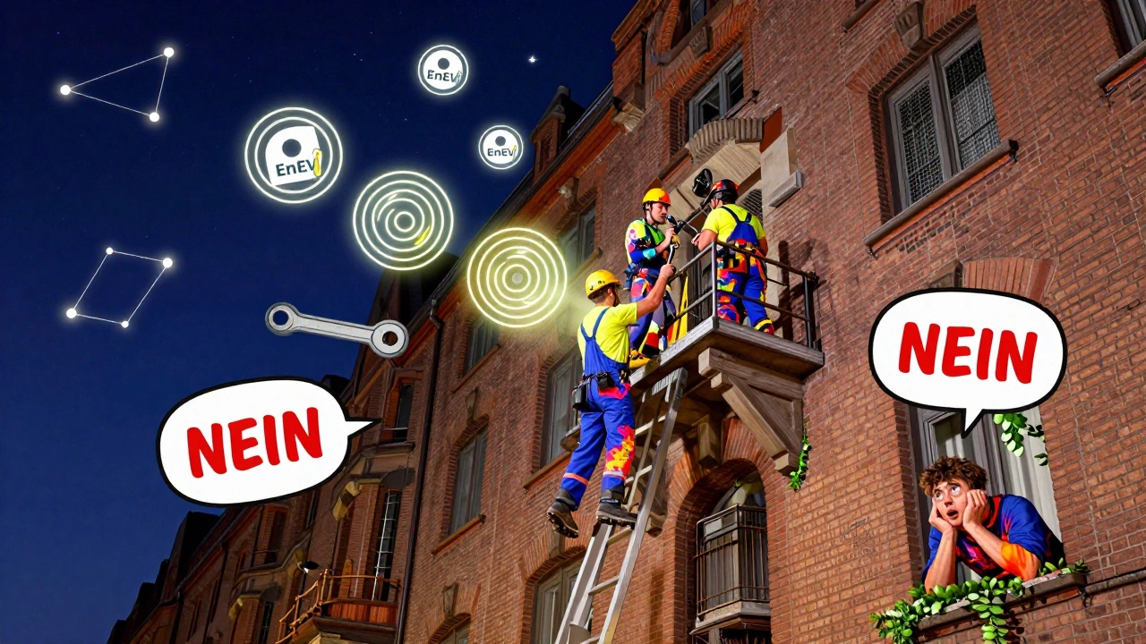 Bauarbeiter installieren einen schwebenden Balkon, Werkzeuge und Energie-Symbole schweben, ein Nachbar schaut besorgt zu.