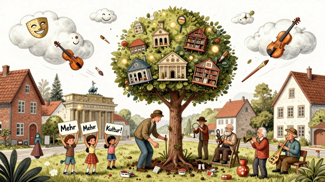 Baum mit Kultureinrichtungen als Blätter, symbolisiert lokale Kulturinitiativen im Dorf.