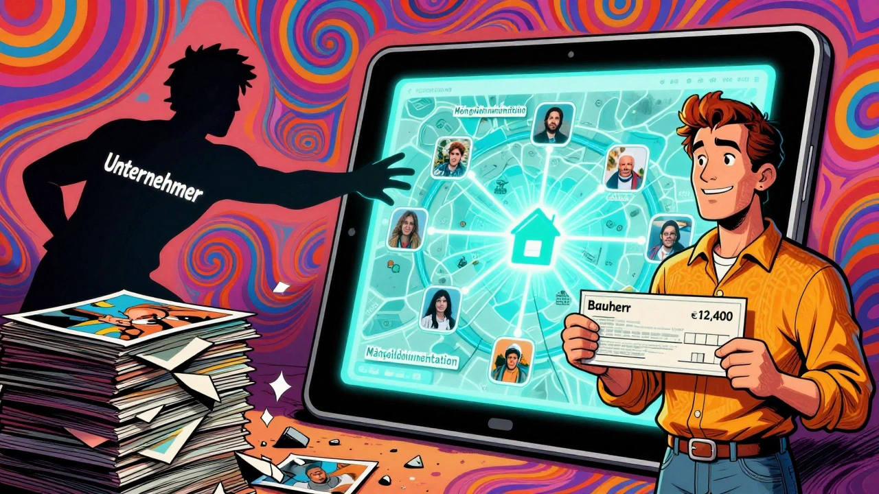 Digitale Mängelkarte mit Blockchain-Technologie, Bauherr erhält Rückzahlung, Unternehmer greift nach verlorenen Beweisen.