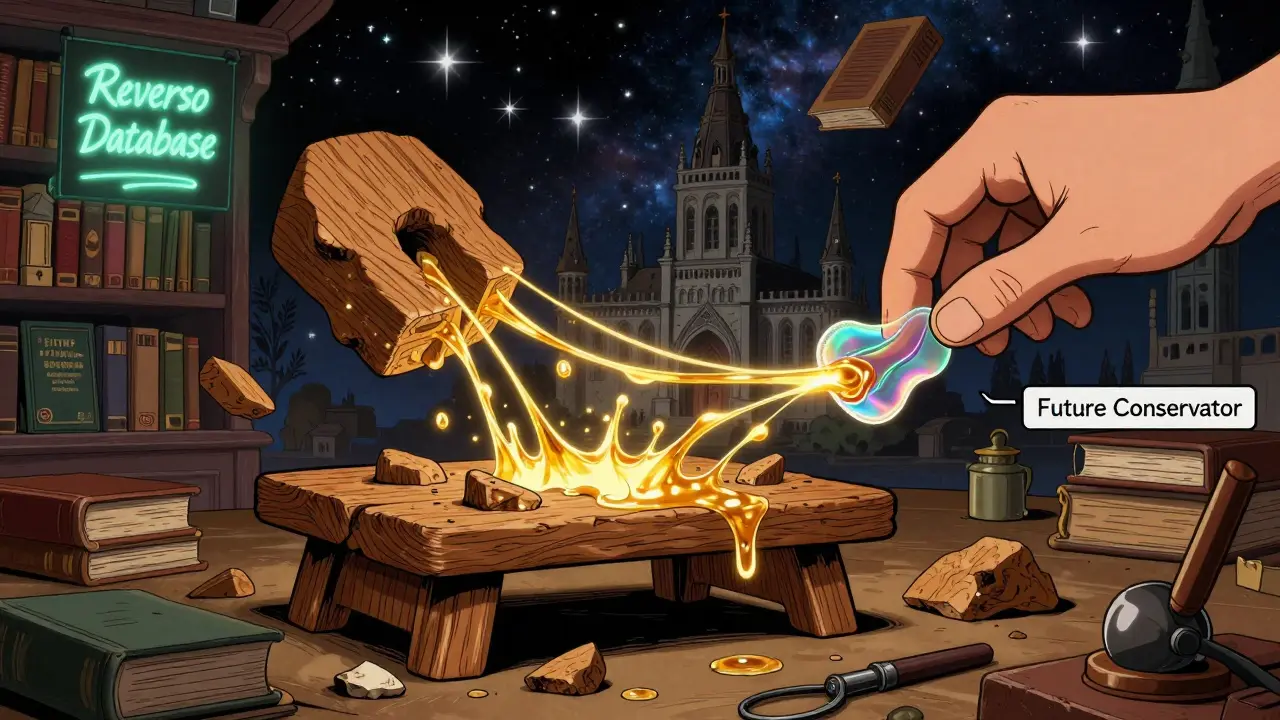 Ein barocker Altar schwebt, zusammengehalten von leuchtendem Tierleim, während eine zukünftige Hand ein Epoxidharz entfernt.