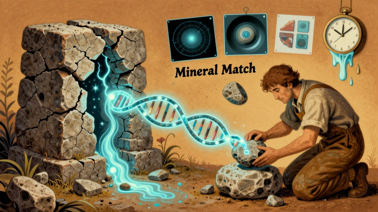 Ein brüchiger Stein wird von nano-technischem Material gestärkt, während ein neuer Stein genau passend eingesetzt wird.