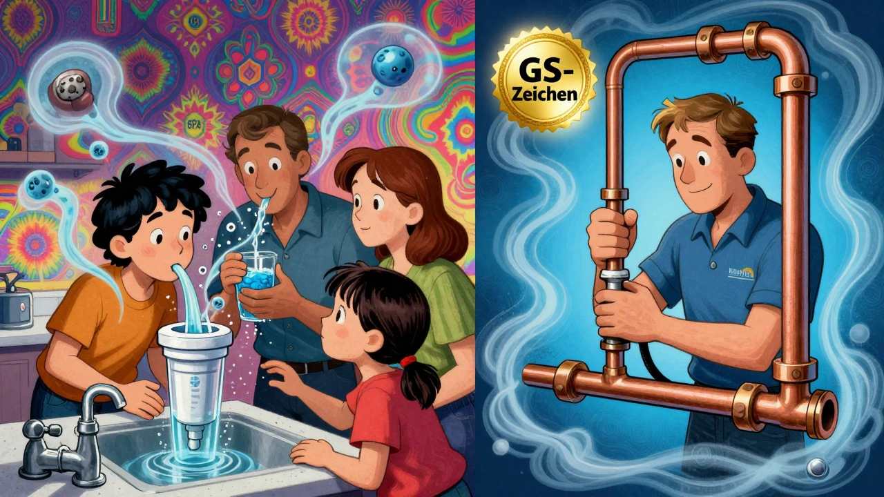 Ein Familienhaushalt mit Filter vs. ein Installateur, der Bleirohre durch zertifizierte Kunststoffrohre ersetzt.