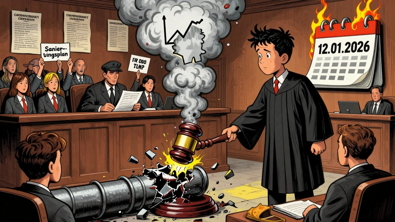 Ein Gerichtssaal, in dem ein Bleirohr zerbricht und giftige Dämpfe einen Kindersilhouetten-Schatten freisetzen.