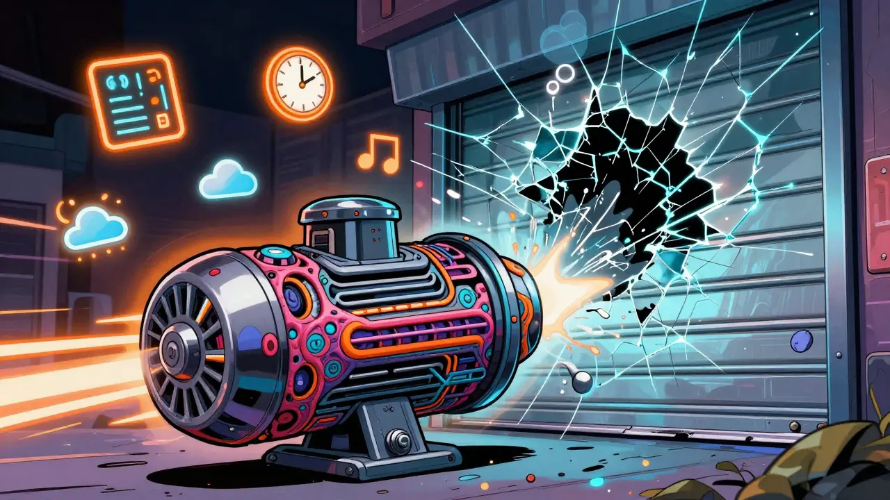 Ein hochtechnischer Rollladenmotor mit leuchtenden Sensoren und zersplittertem Glas, der sich blitzschnell senkt.