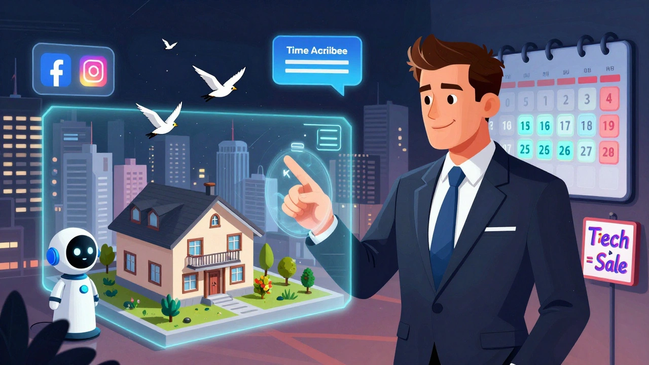 Ein Immobilienagent mit Hologrammen und automatisierten Werbevögeln, die auf eine deutsche Stadt zusteuern, in Rick Griffin-Stil.