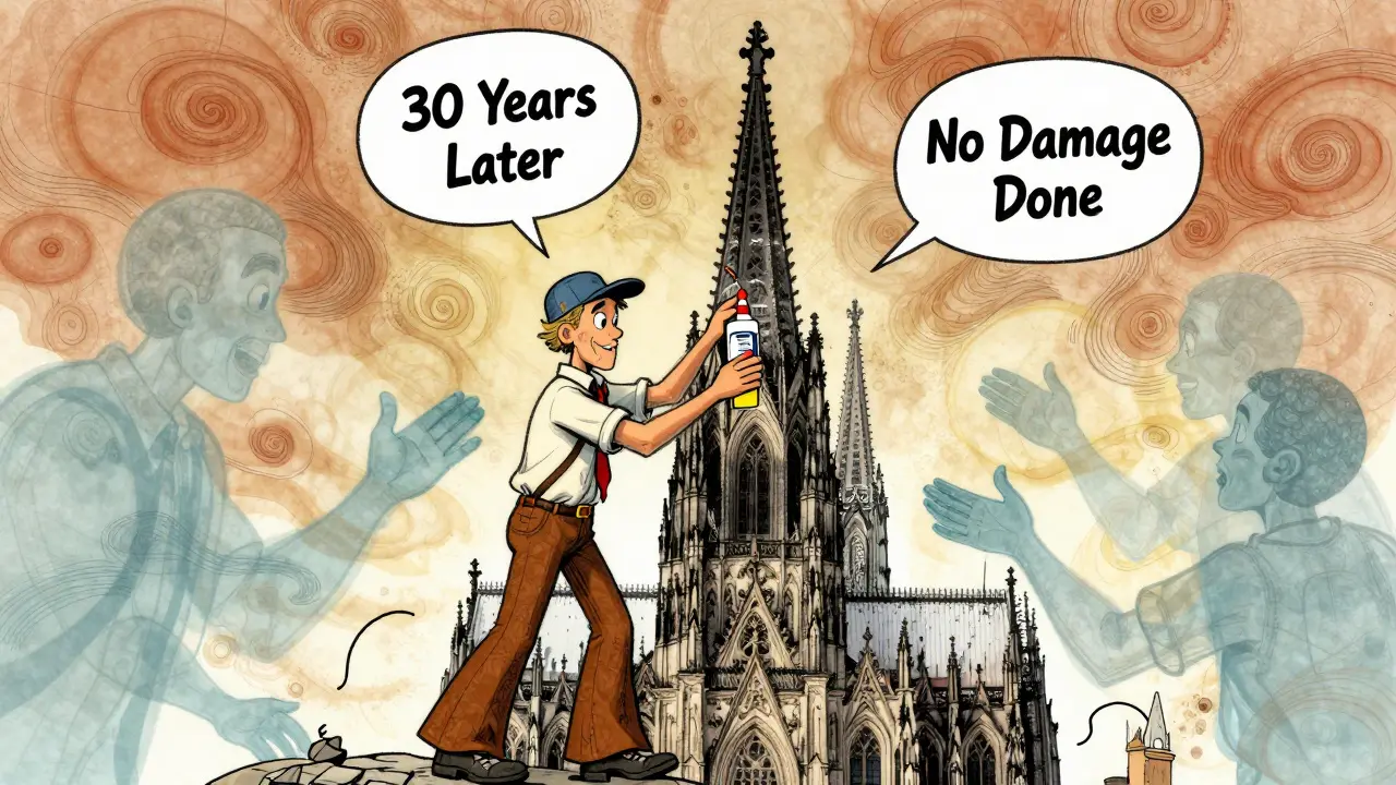 Ein Restaurator bringt eine reversible Dichtung am Kölner Dom an, während zukünftige Handlungen als Geister die Dichtung entfernen.