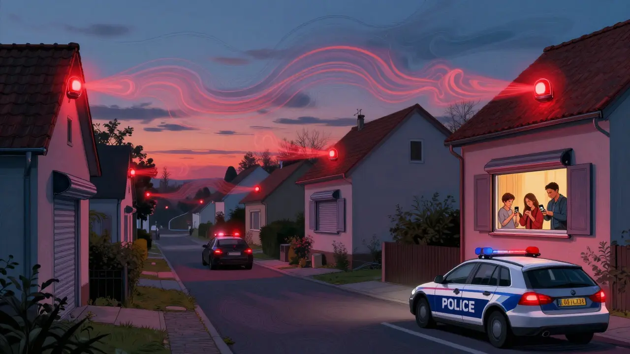 Eine ganze Straße mit automatisch herunterfahrenden Rollläden, ein Polizeiauto fährt vorbei, Familien schauen zu.