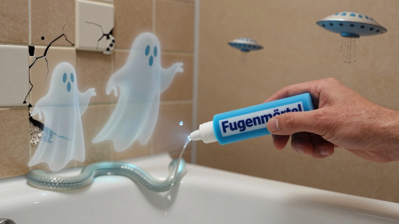 Eine Hand füllt Fugen mit Mörtel, während alte Fehler verschwinden und Silikon abdichtet.