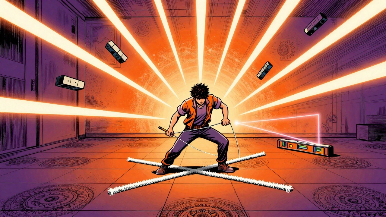 Eine Person zieht Kreidelinien durch die Raummitte, um Fliesen gerade zu verlegen.