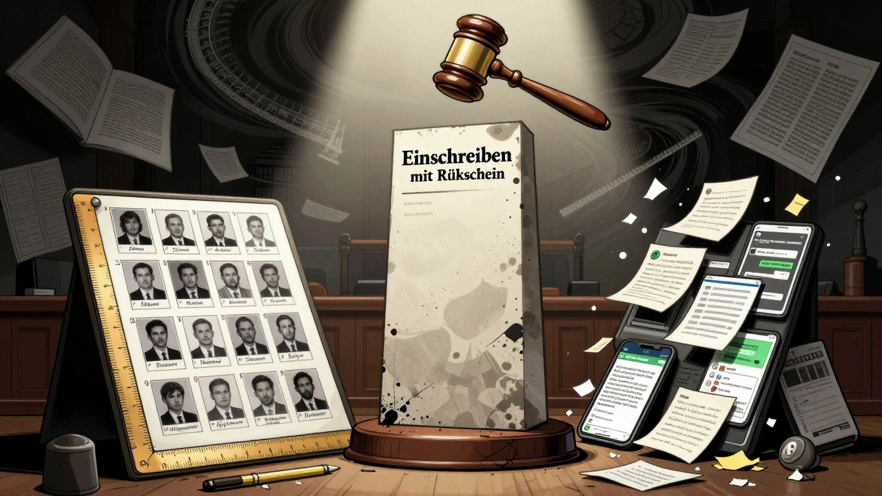 Gerichtsszene mit Einschreiben als zentrales Objekt, nebenan geordnete Fotos vs. chaotische WhatsApp-Nachrichten.