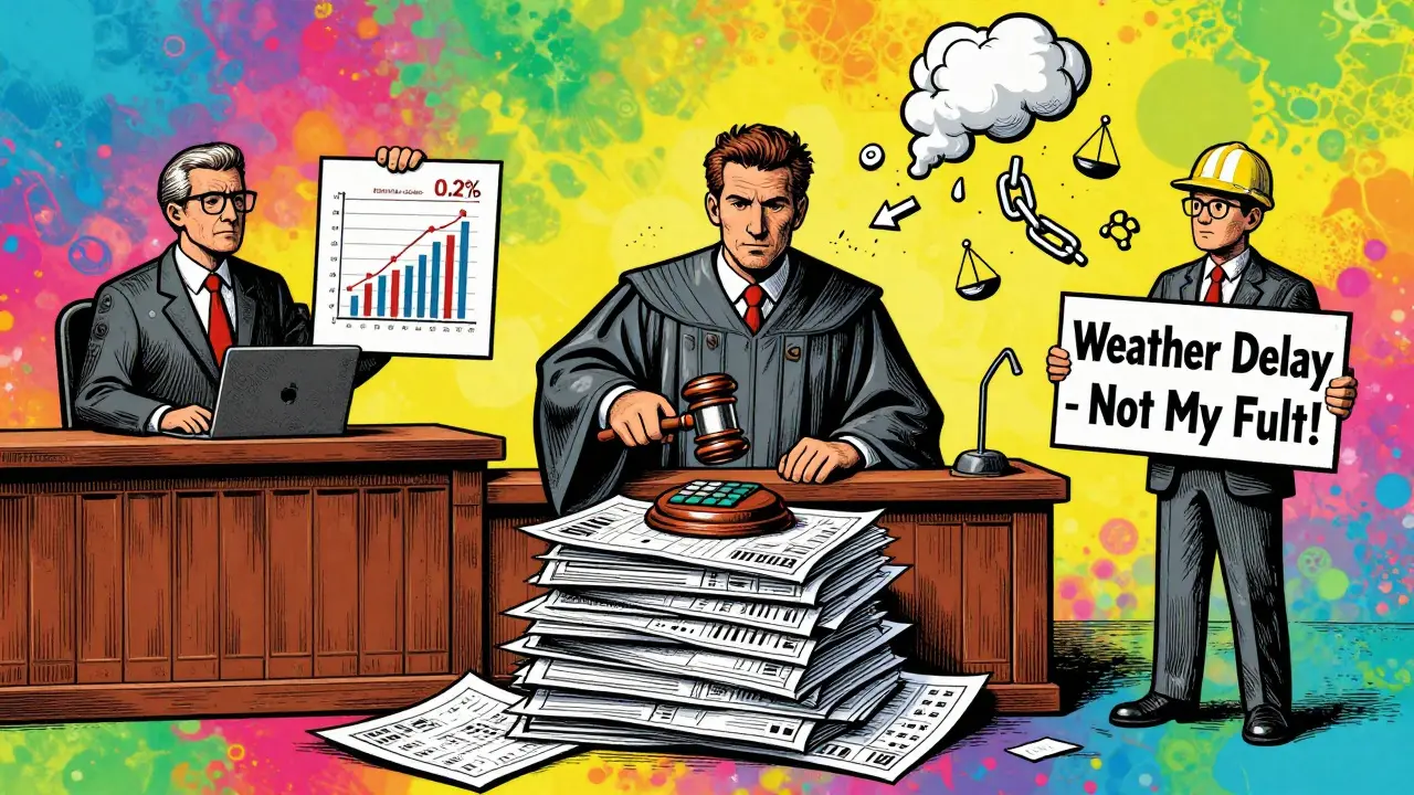 Gerichtsszene mit Richter in Bauplänen-Robe, Anwälte mit Prozentdiagrammen, schwebende Rechtssymbole.