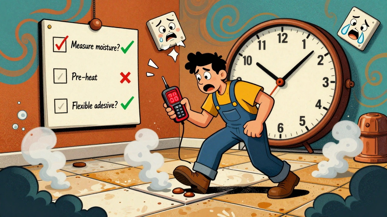 Handwerker misst die Bodenfeuchtigkeit, während Fliesen abzupfen drohen – mit humorvollen, psychedelischen Details.