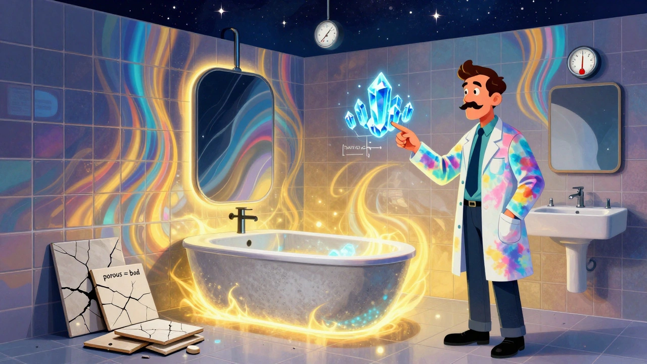 Iridescente Feinsteinzeug-Fliesen über einem futuristischen Hybrid-Estrich, mit Wärmespeicher-Elementen in warmen Farben.