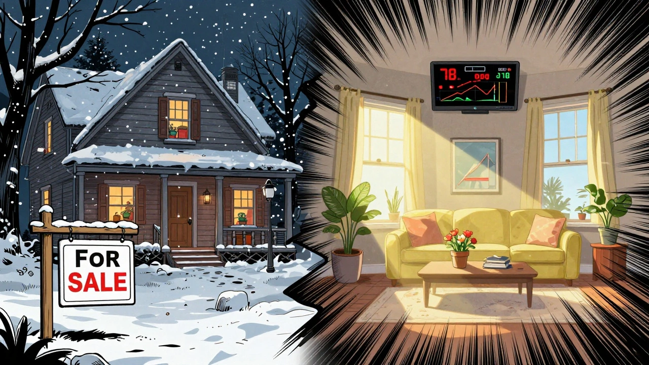 Kontrast zwischen einem dunklen, verlassenen Haus im Dezember und einem hellen, gut eingerichteten Zuhause im Mai mit digitalen Verkaufsanzeigen.