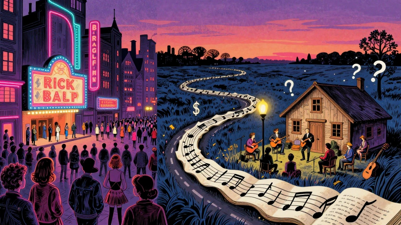 Kontrast zwischen lebendiger Stadt- und ruhiger Landkultur in psychedelischem Illustrationsstil.