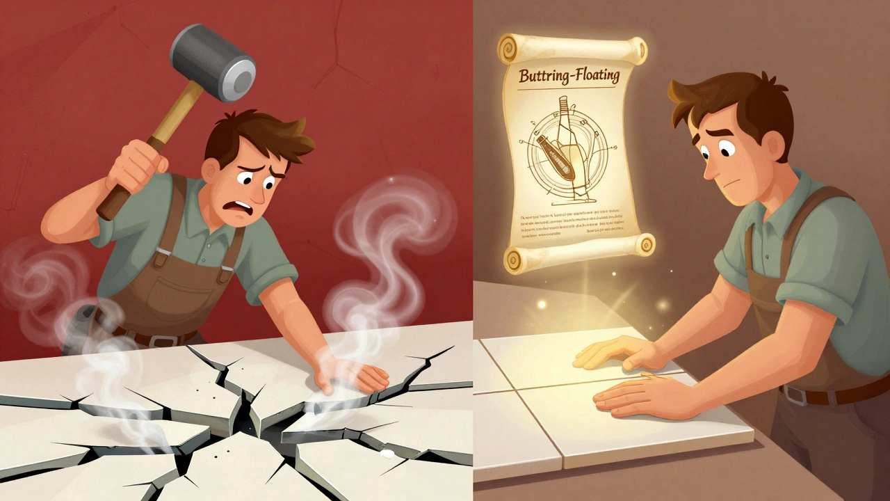 Links: Ein Amateur mit Gummihammer und gerissener Fliese. Rechts: Ein Profi drückt die Fliese sanft mit der Handfläche.