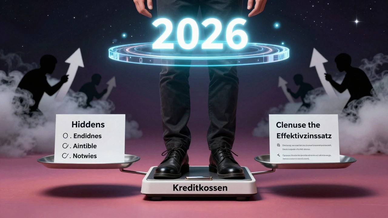 Mensch auf einer Waage mit versteckten Kosten auf einer Seite, transparenter Kreditüberblick auf der anderen, in psychedelischem Design.