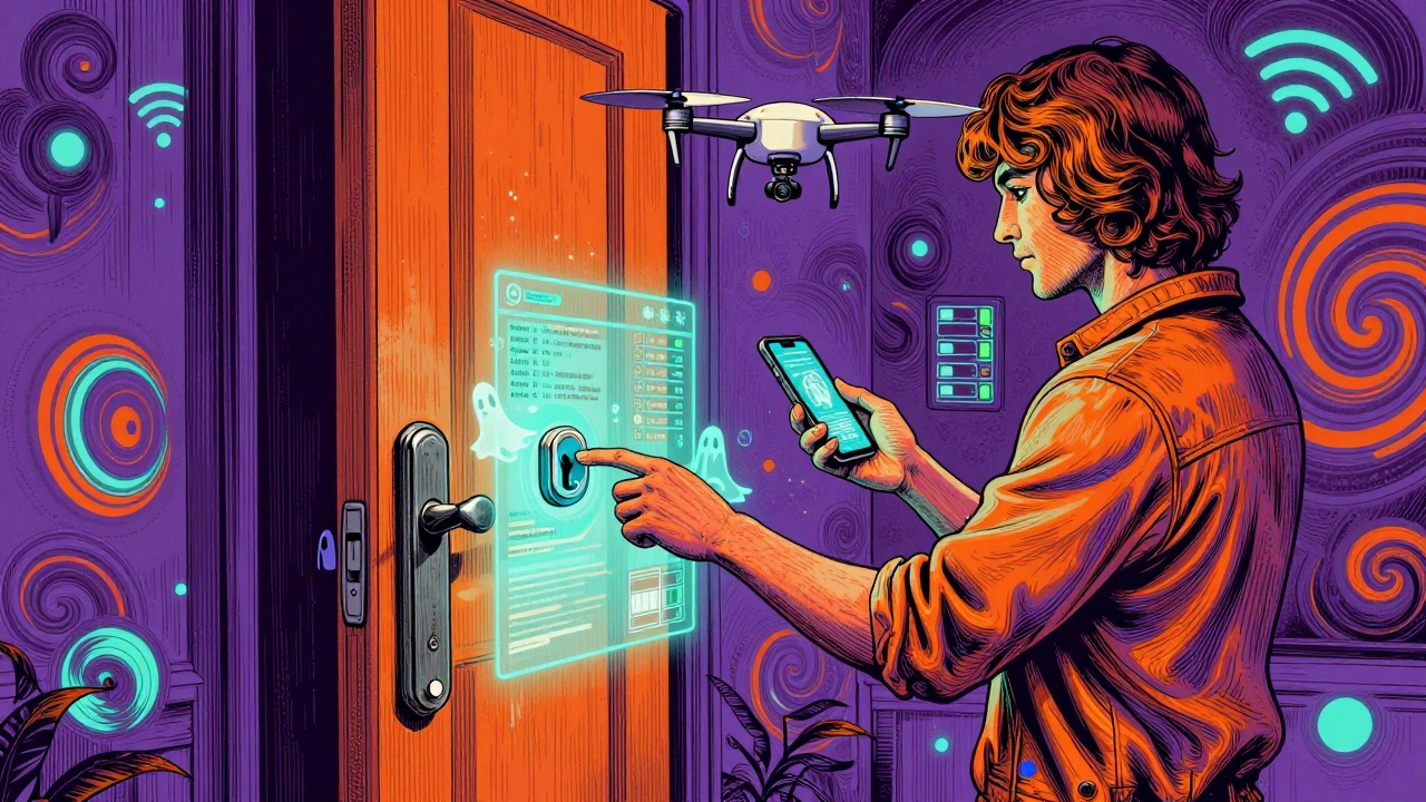 Mensch öffnet per Smartphone die Tür, während holographische Daten und eine Drohne außen schweben.