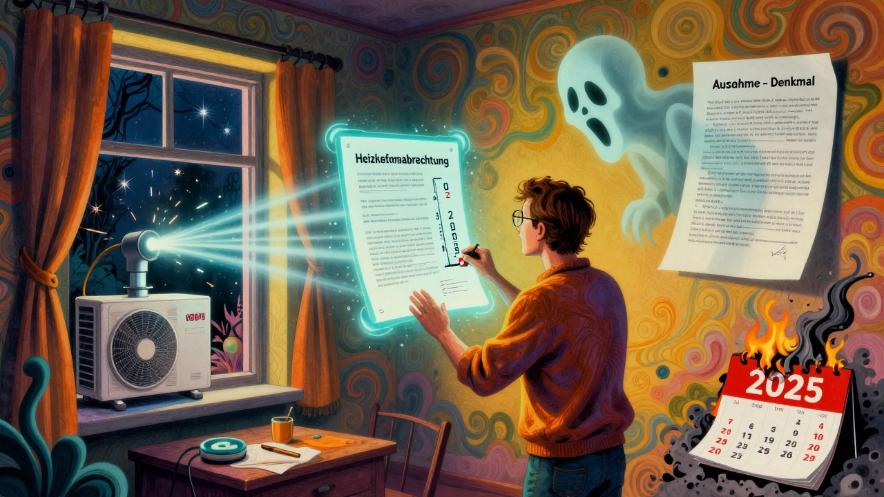 Mieter prüft Abrechnung mit schwebenden CO2-Zahlen, während ein geisterhafter Vermieter verschwindet.