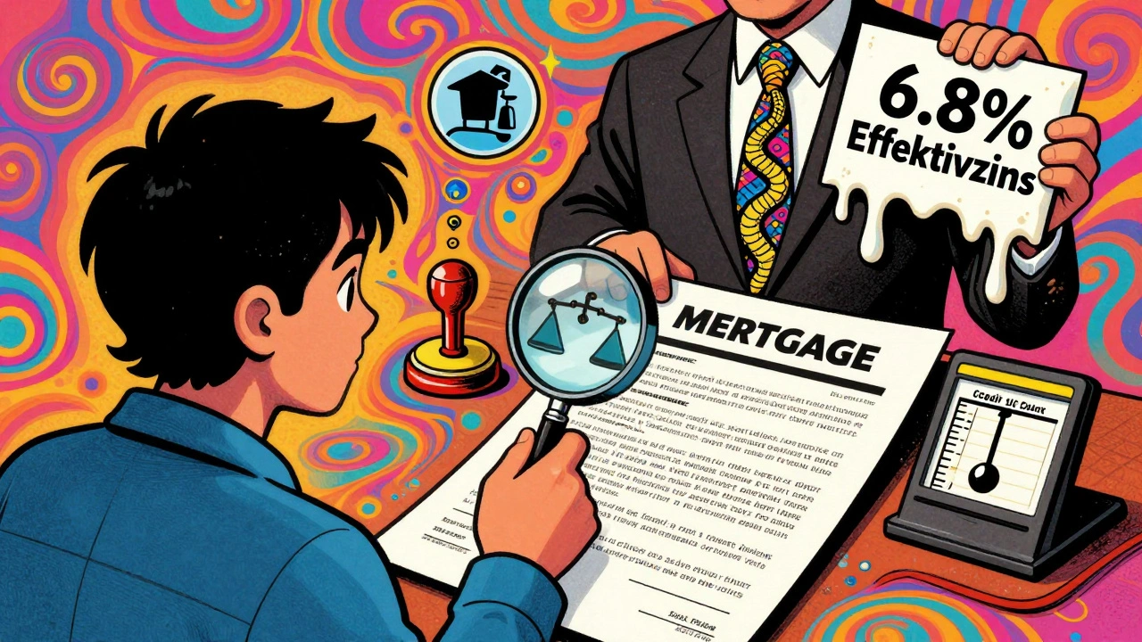 Person mit Lupe über einem farbenfrohen Immobilienvertrag, mit Notar, Schätzung und Bonitätsanzeige in psychedelischem Stil.