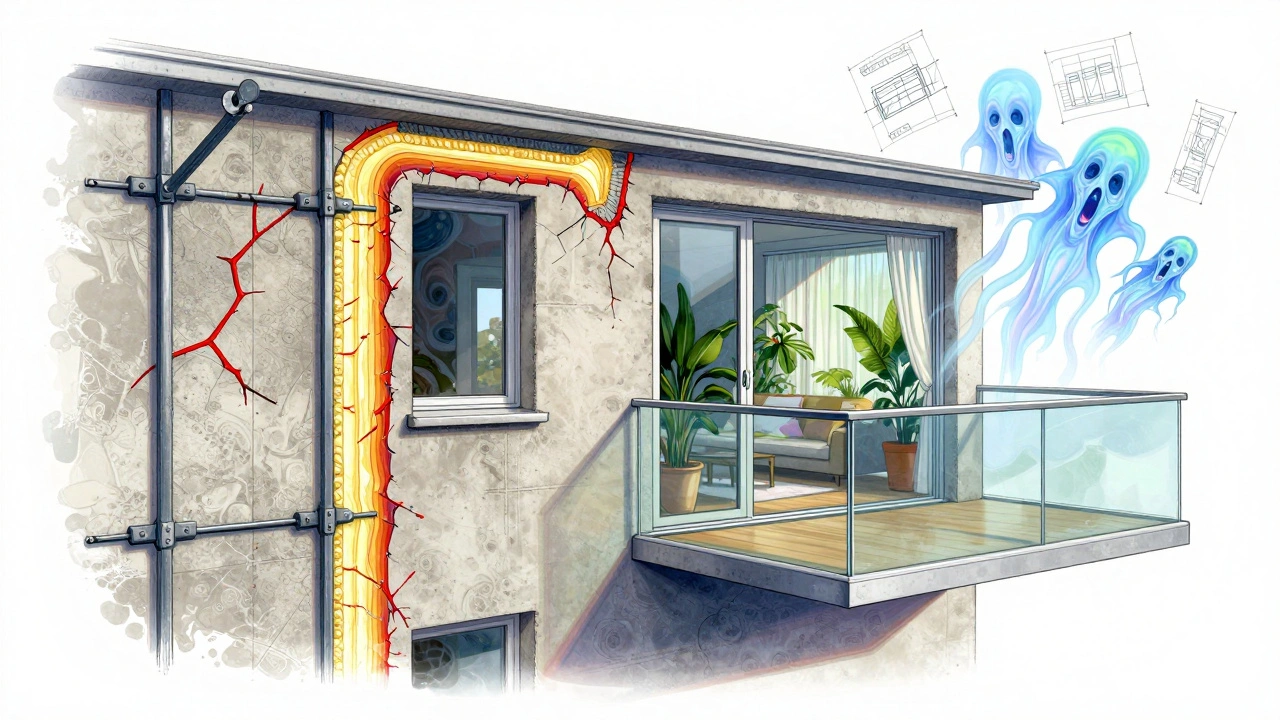 Querschnitt eines Hauswalls mit Balkonträgern und Dämmung, rechts ein gläsernes Geländer mit offener Tür, surreale Pläne schweben.