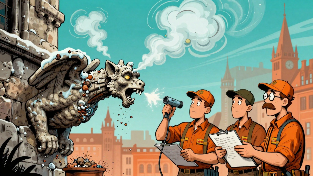 Restauratoren reinigen einen Steinmetz-Engel mit Trockeneis, während sie die Steinzusammensetzung analysieren.