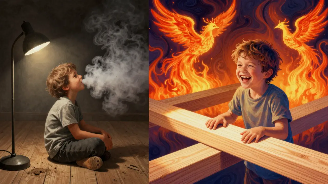 Split scene: child exposed to toxins vs. child safe under clean, certified wood treatment.