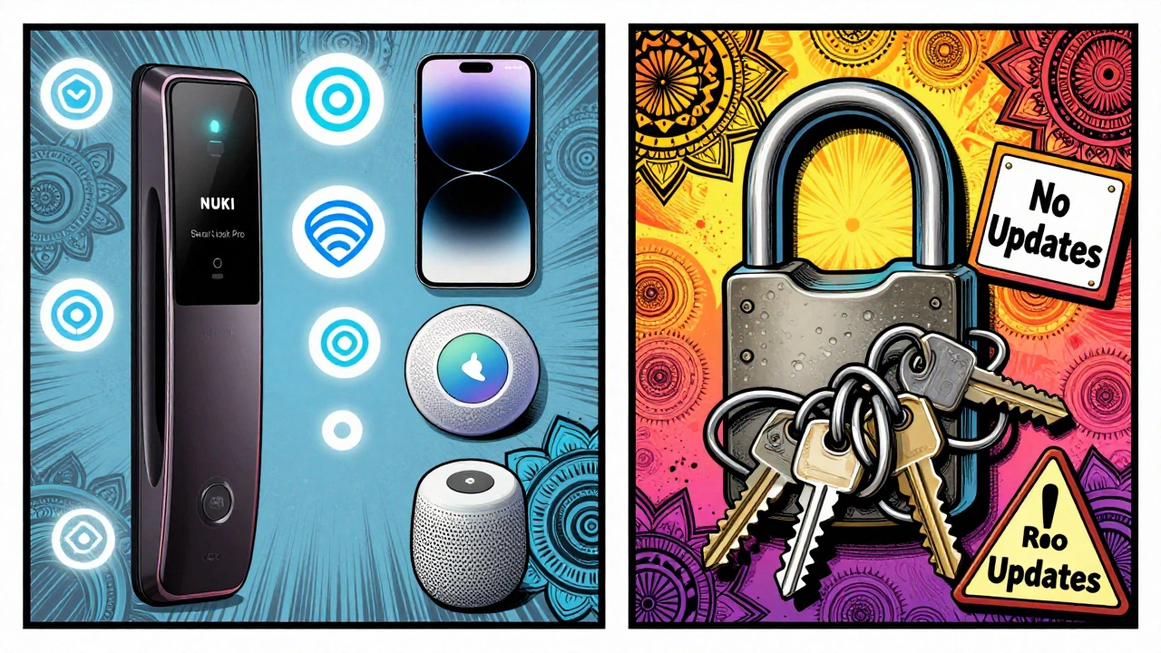 Vergleich eines modernen Smart Locks mit Matter-Unterstützung und einem veralteten Schloss mit Warnsymbolen.