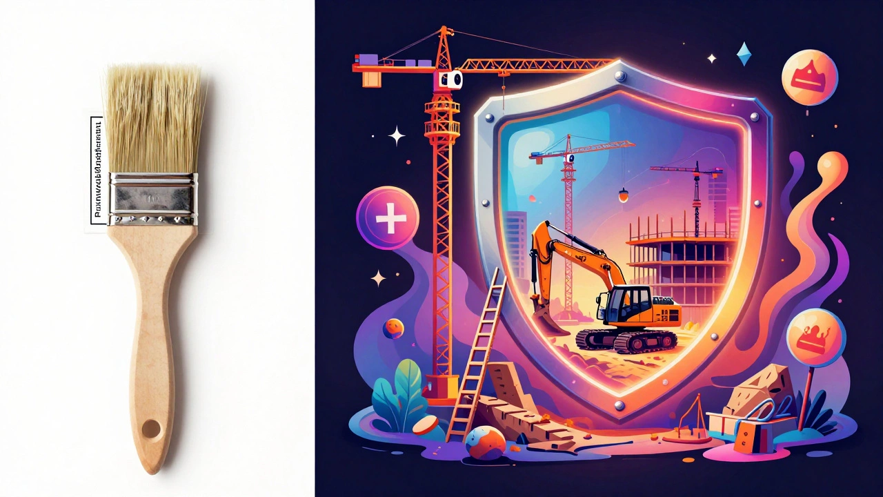 Vergleich: Kleine Privathaftpflicht vs. große Bauherrenhaftpflicht-Schutzschild, umgeben von Baugeräten und Symbolen.