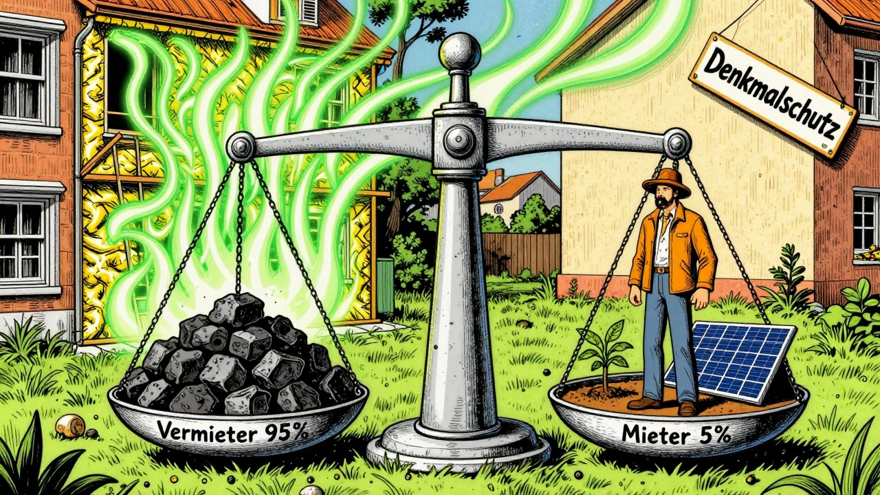 Waage mit Kohle und Solarpanel, die Mieter- und Vermieterkosten bei CO2-Kosten darstellt.