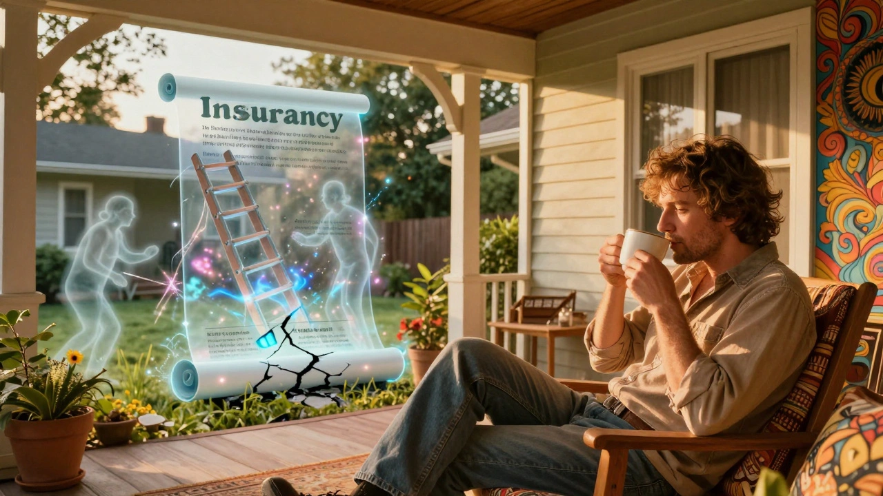 Zufriedener Hausbesitzer auf Terrasse, umgeben von unsichtbaren, abgefangenen Baustellen-Gefahren in einem versicherten Lichtkreis.