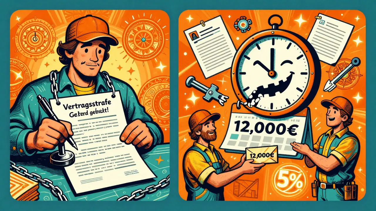 Zweiteilige Szene: Hausbesitzer stempelt Strafverlangen, Bauunternehmer übergibt Geld, schwebende Uhr und 5%-Schilder.